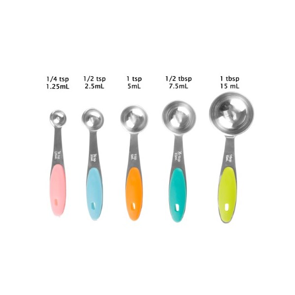 5-piece Measuring Spoons Set, Stainless Steel With Colored Silicone Handles And Metal Ring Hanger